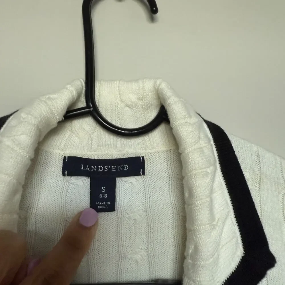 Lands End Womens Sweater Small White Contrast Trim Schoolgirl Coastal Preppy
